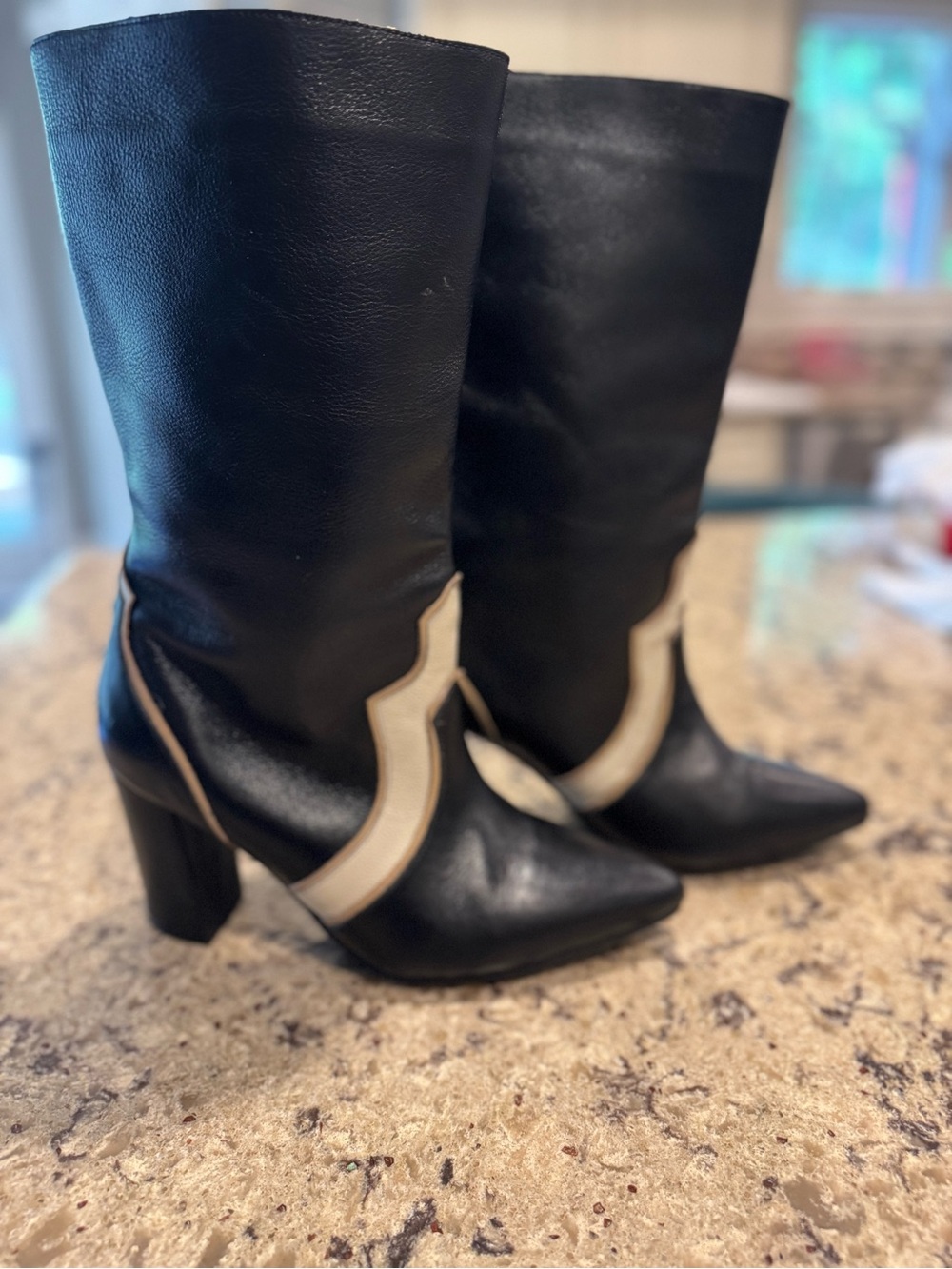 Black Mid-Calf Heeled Boots with Cream Accent Trim